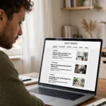 Reader browsing BrumeBlog.com articles across business, tech and lifestyle categories on a laptop