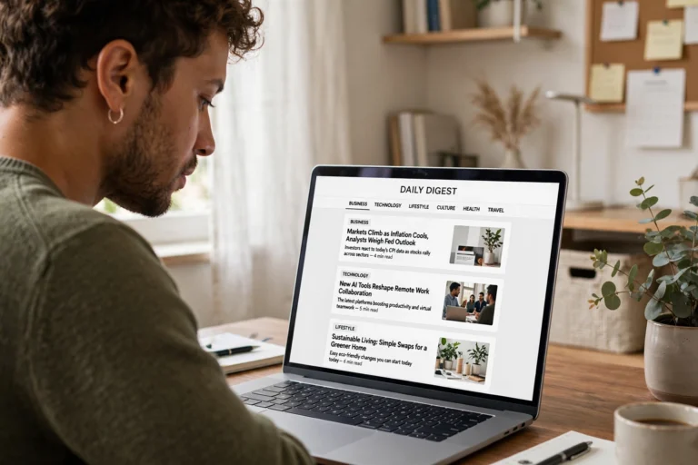 Reader browsing BrumeBlog.com articles across business, tech and lifestyle categories on a laptop