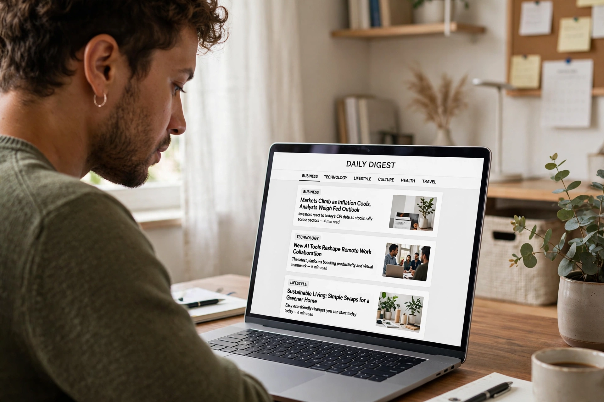 Reader browsing BrumeBlog.com articles across business, tech and lifestyle categories on a laptop