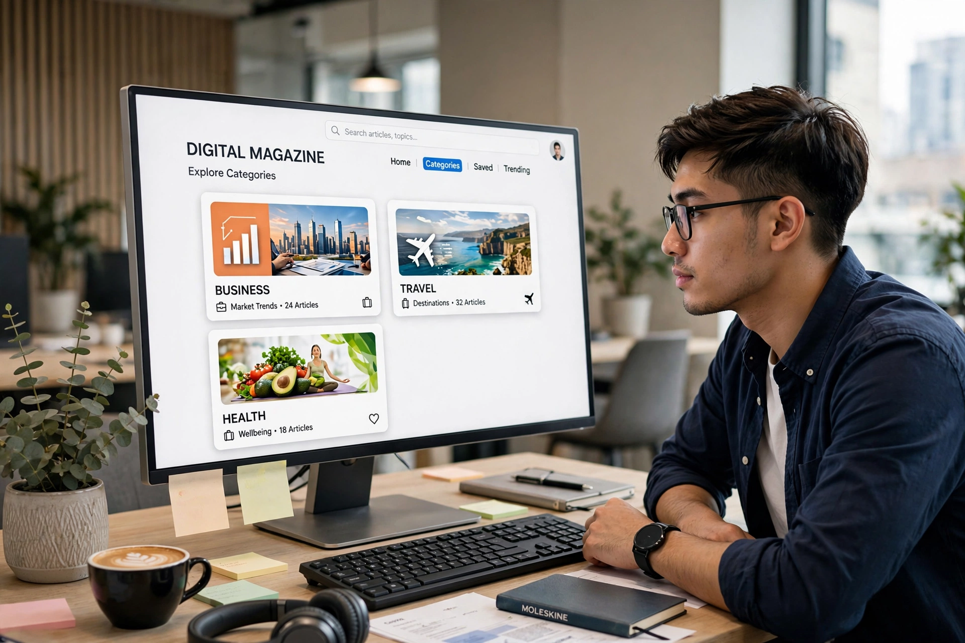 Young professional exploring digital magazine categories like business, travel and health on screen