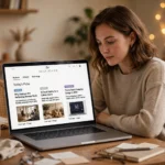 Reader browsing GlossyWise.com articles across business, lifestyle and tech categories on a laptop