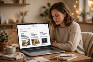 Reader browsing GlossyWise.com articles across business, lifestyle and tech categories on a laptop