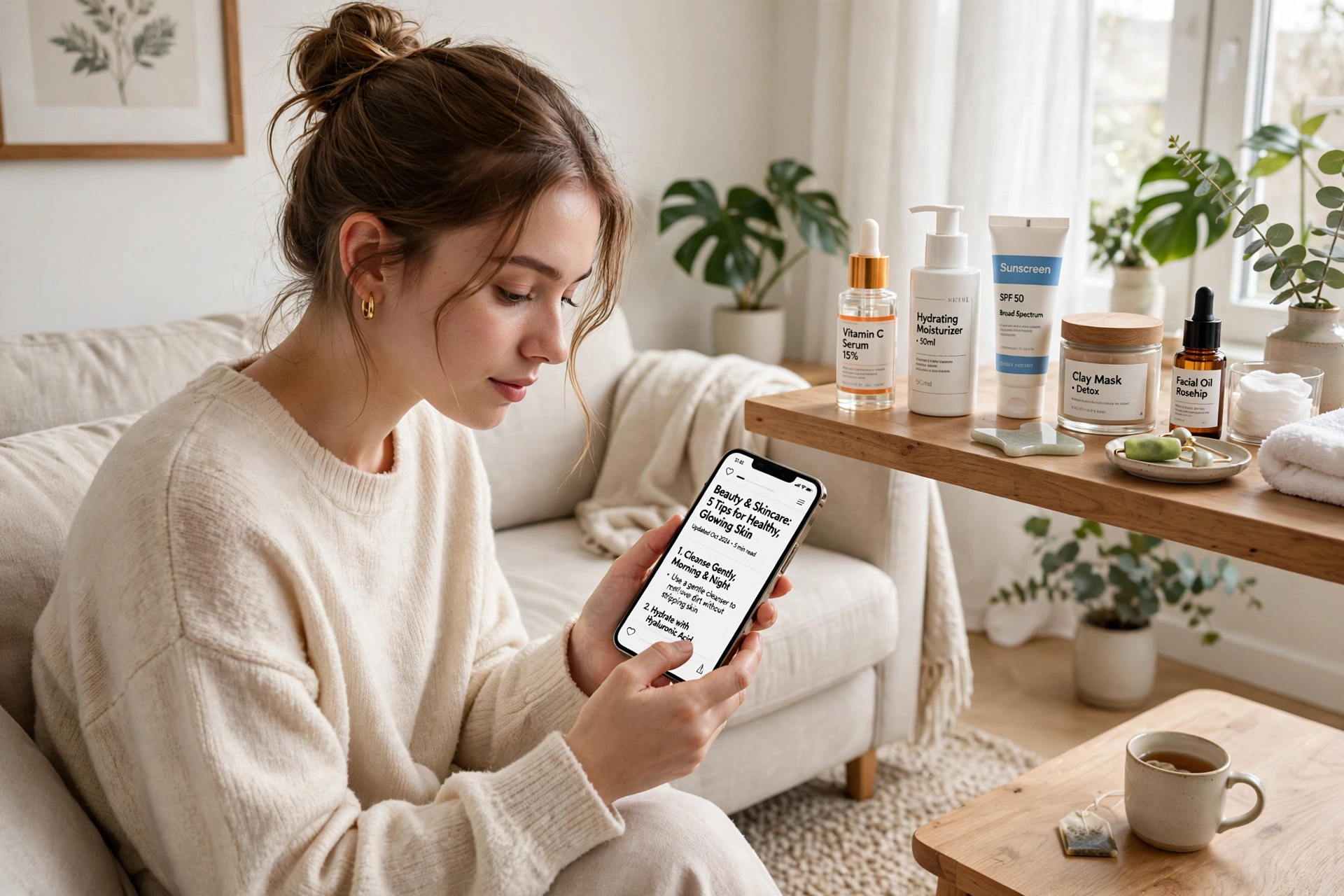 Woman reading a beauty and skincare article on a lifestyle website