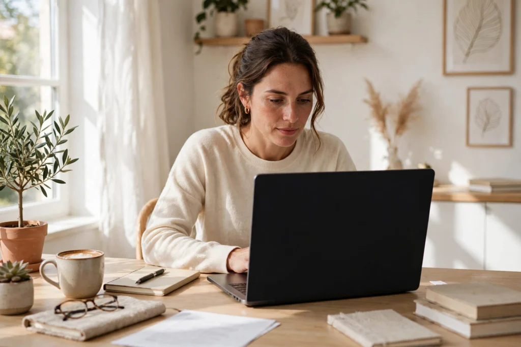 Person reading OnlyWorkMoods.com articles about work and productivity on a laptop