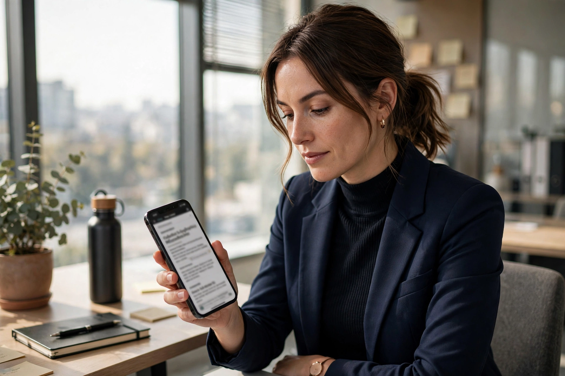 Workplace professional reading career and productivity articles on a phone
