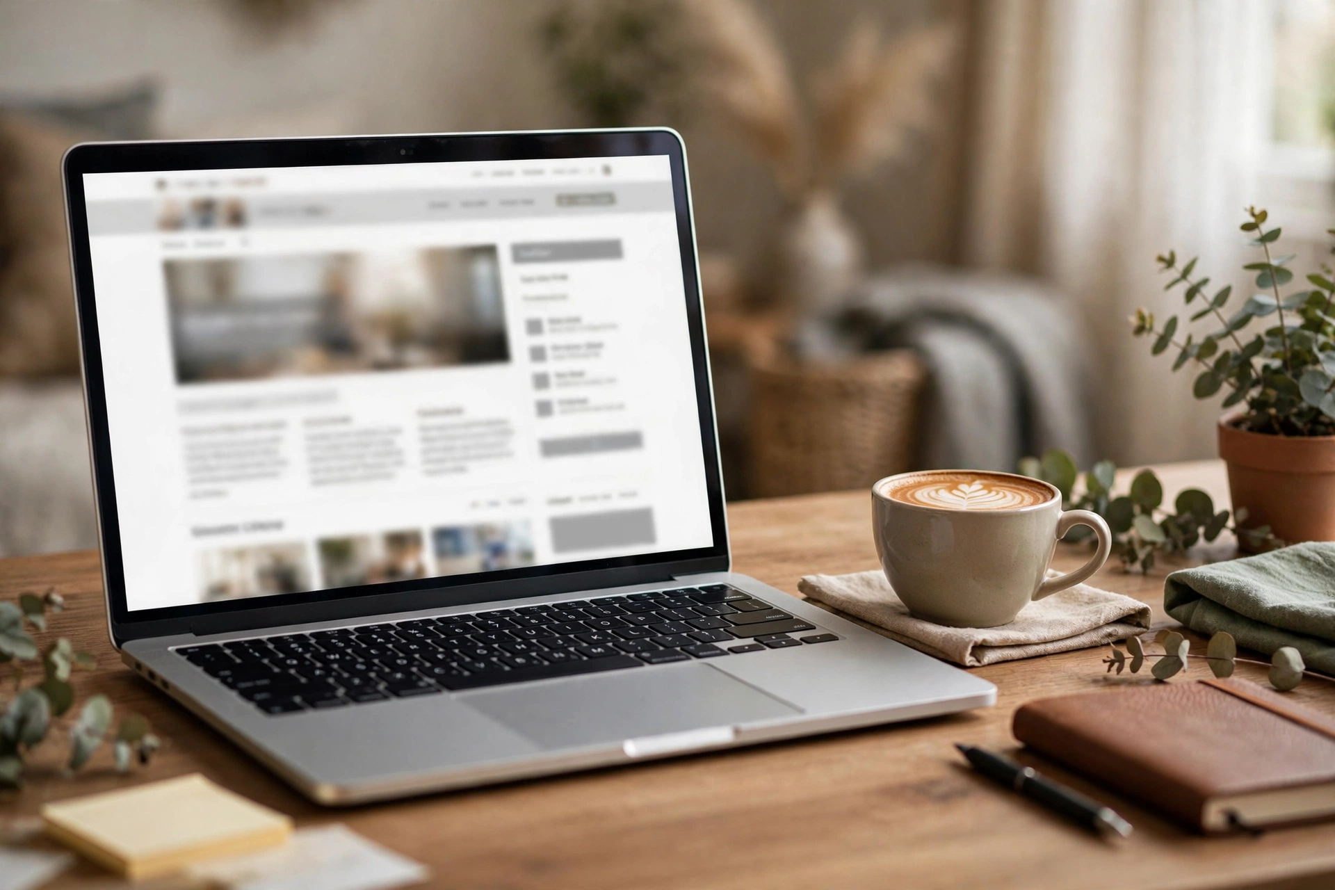 Laptop on a cozy desk showing a productivity and career blog