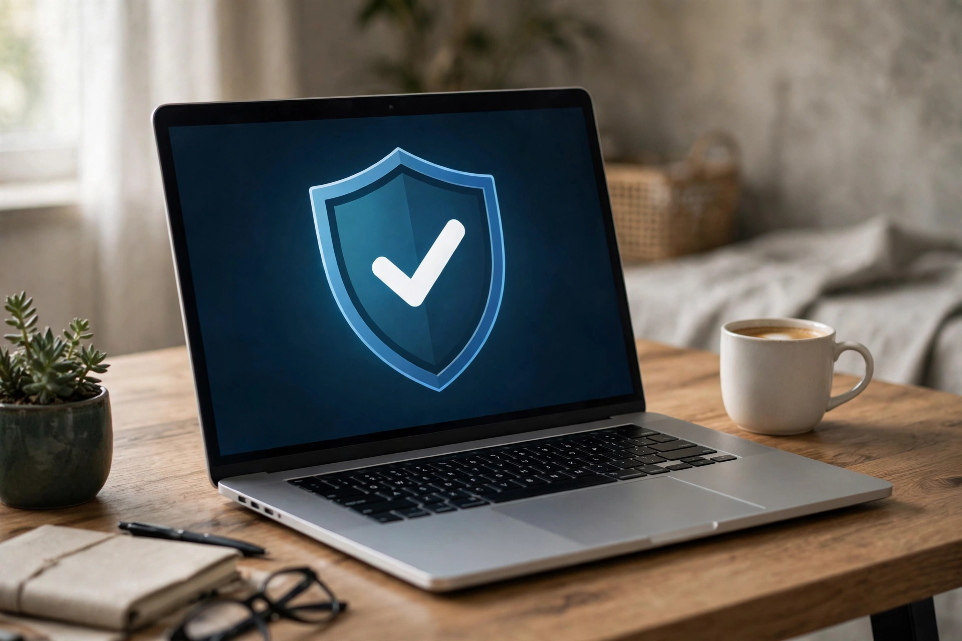 Laptop displaying a shield with checkmark as a website safety check