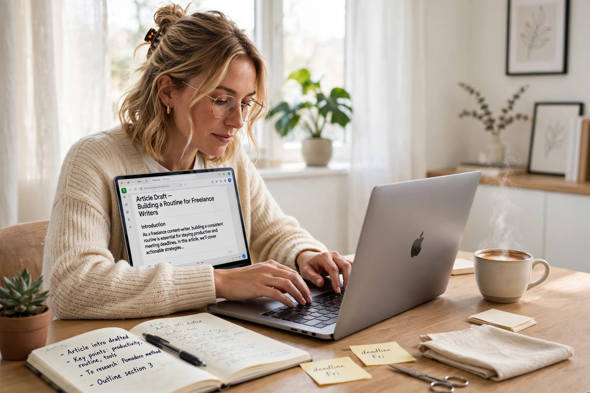 Freelance content writer typing an article on a laptop at a clean modern desk