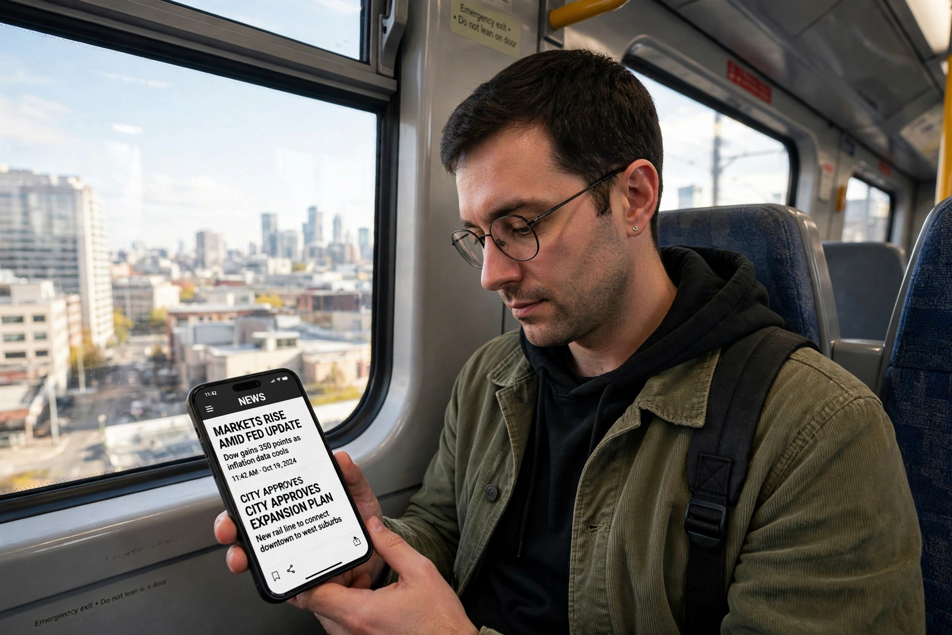 Commuter reading news articles on a smartphone while traveling on a train