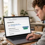 Freelancer uploading a file on a laptop and copying the shareable download link