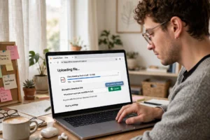 Freelancer uploading a file on a laptop and copying the shareable download link