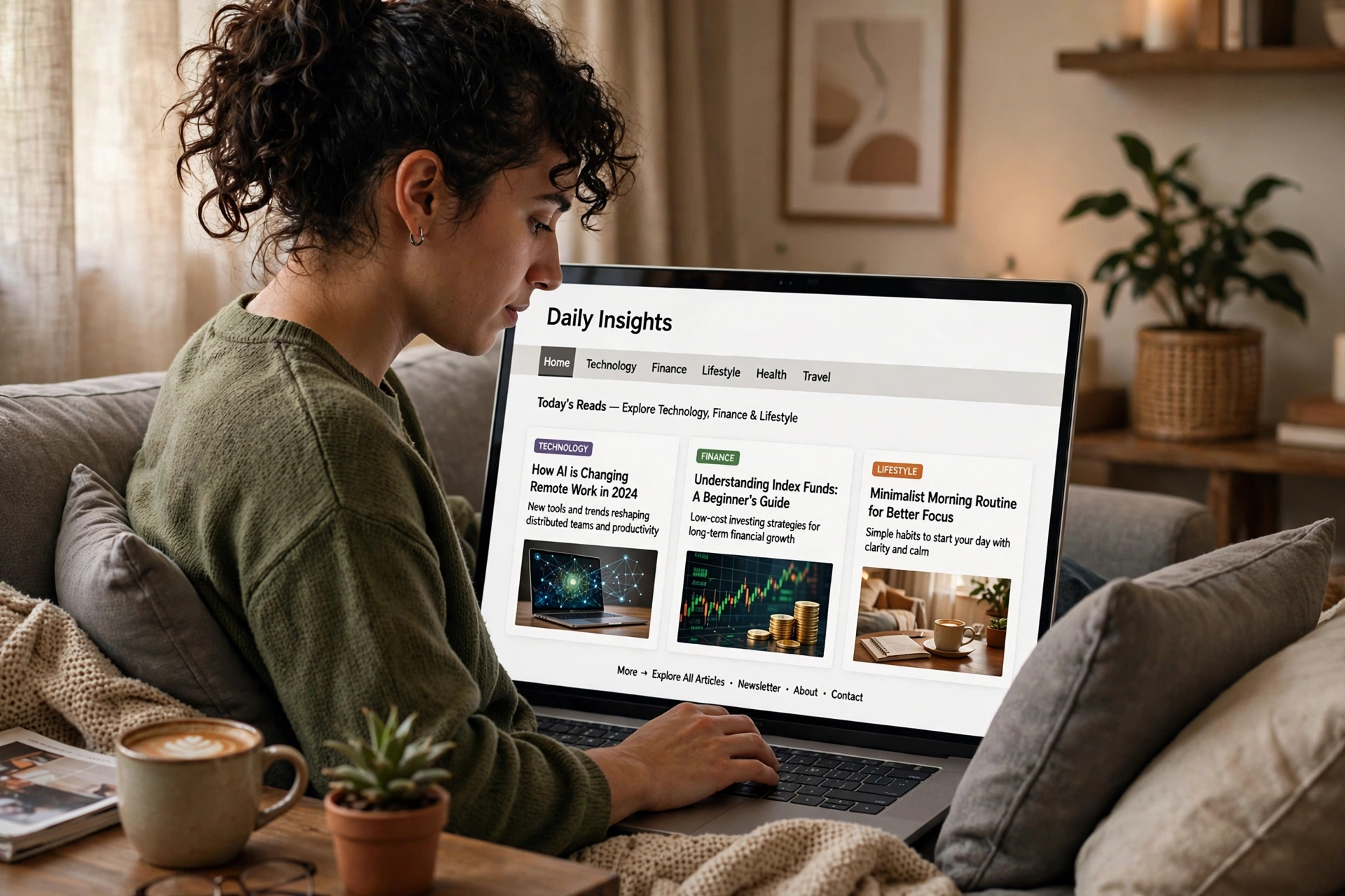 Reader browsing multi-topic blog articles on technology, finance and lifestyle