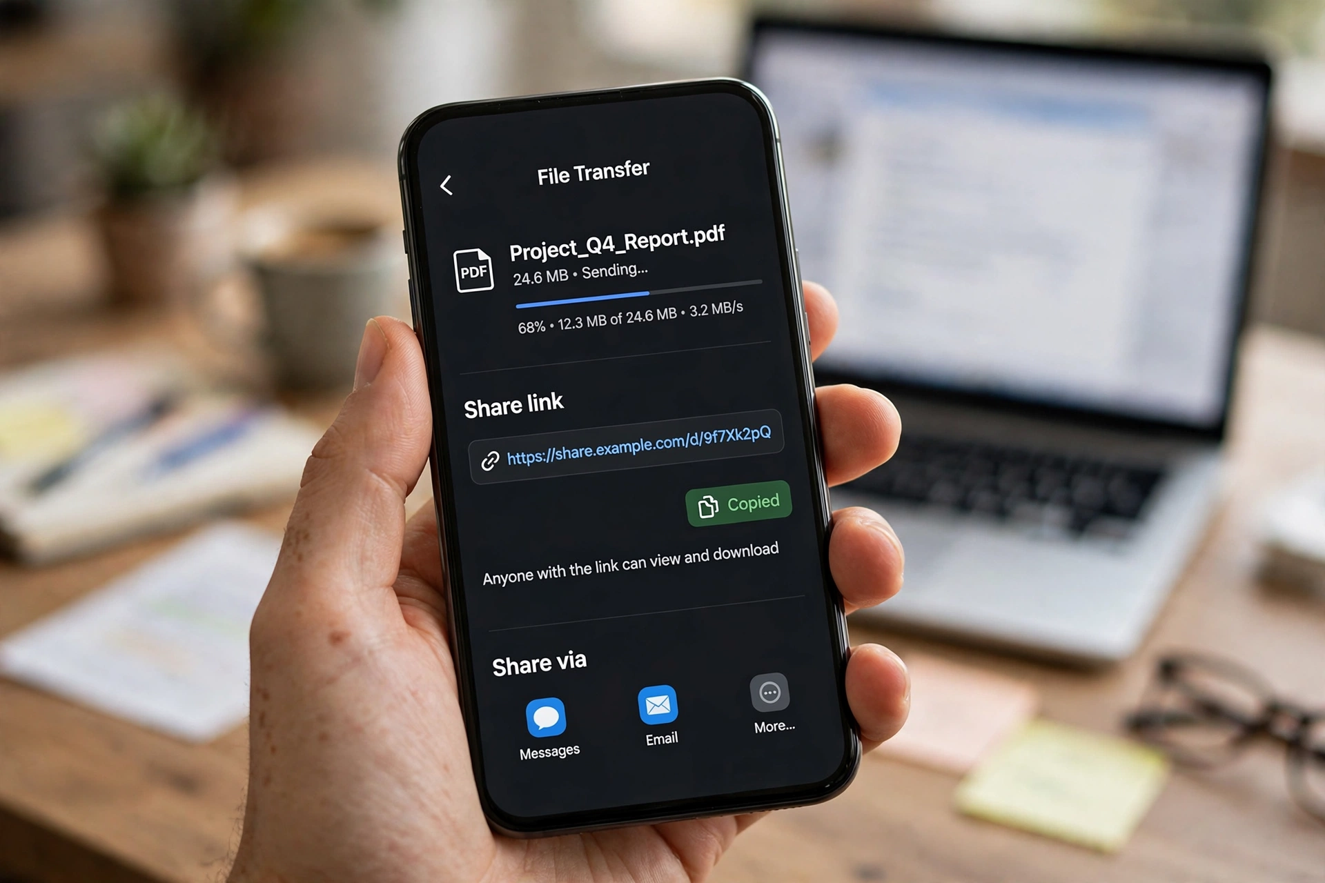 Sharing a file transfer link from a smartphone