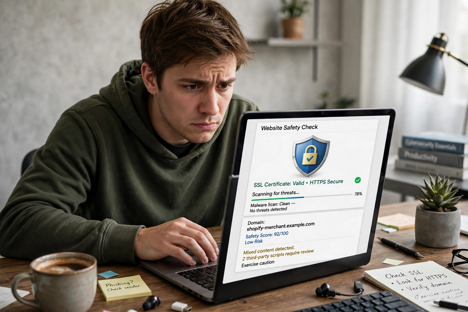 Person checking website safety on a laptop with SSL certificate and malware scan visible